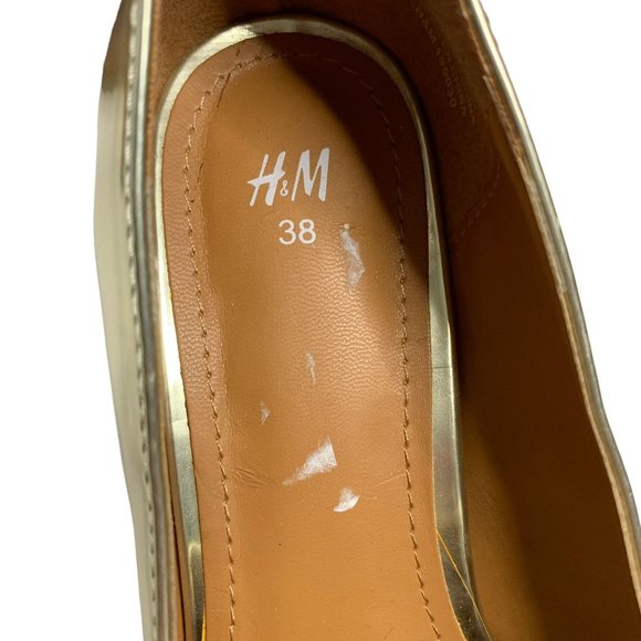 H&M Block Heel Fringe Loafers 38 US7 Gold Slip On Womens Shoes - Picture 10 of 10